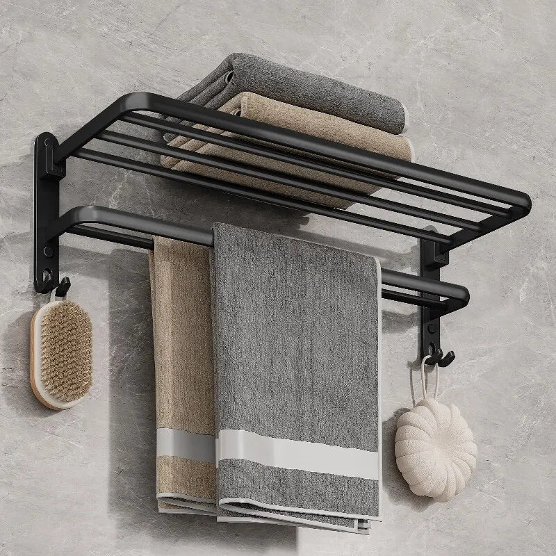 Sleek Matte Black 50CM Wall-Mounted Folding Towel Holder with Hook - Durable Aluminum Design