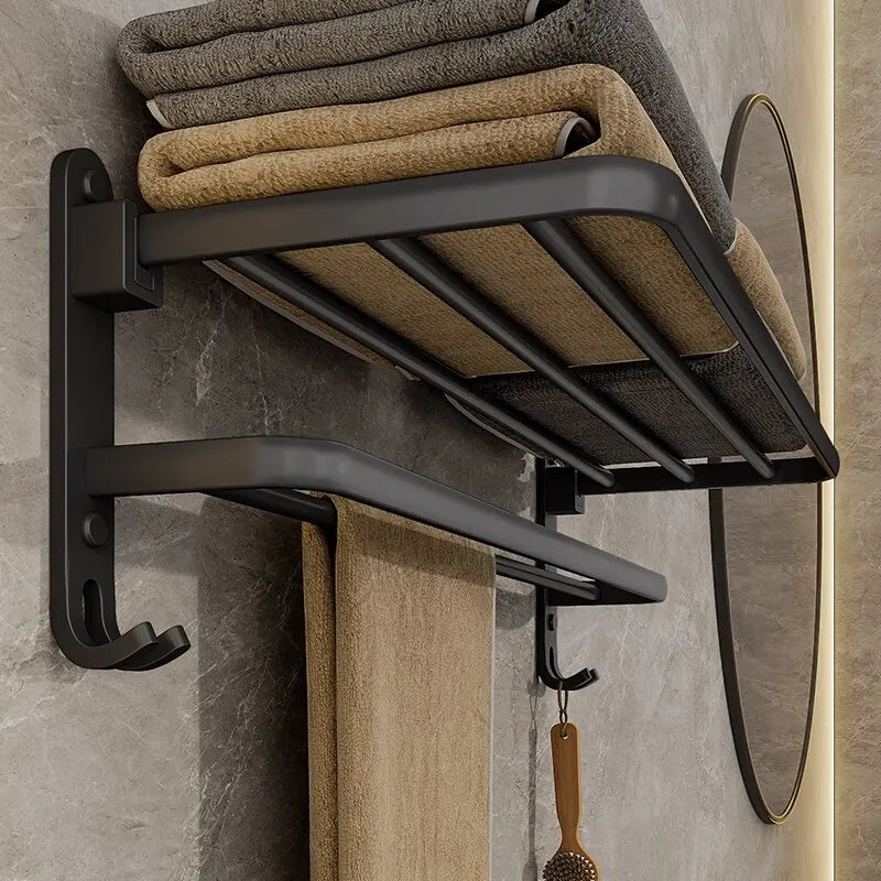 Sleek Matte Black 50CM Wall-Mounted Folding Towel Holder with Hook - Durable Aluminum Design