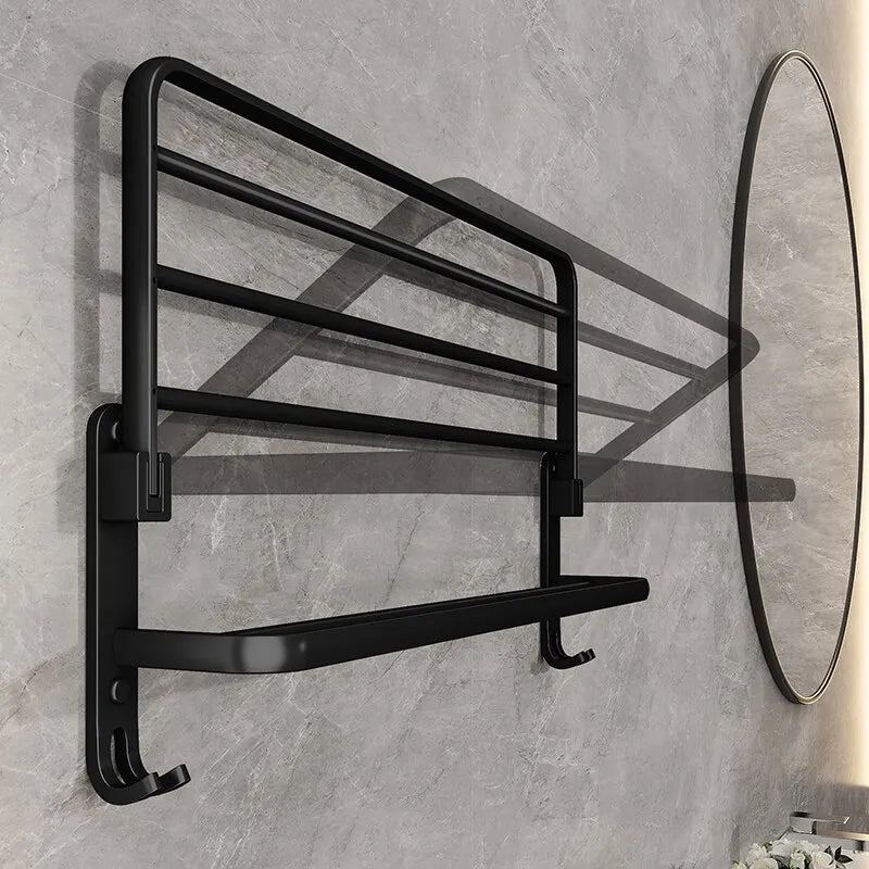 Sleek Matte Black 50CM Wall-Mounted Folding Towel Holder with Hook - Durable Aluminum Design