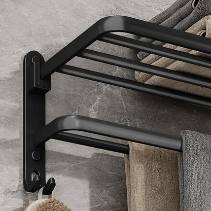 Sleek Matte Black 50CM Wall-Mounted Folding Towel Holder with Hook - Durable Aluminum Design