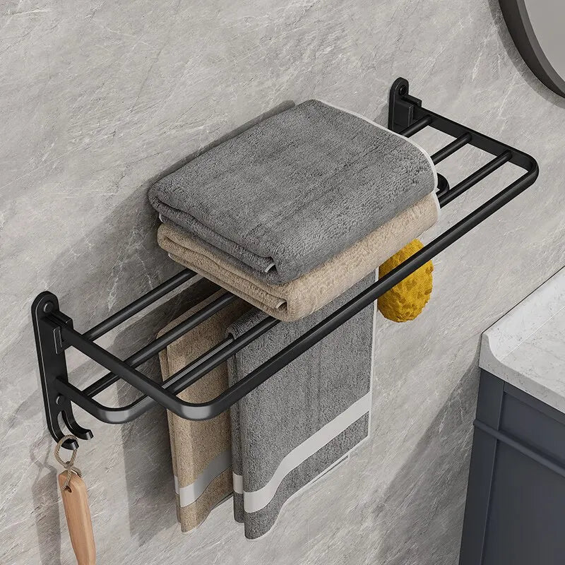 Sleek Matte Black 50CM Wall-Mounted Folding Towel Holder with Hook - Durable Aluminum Design