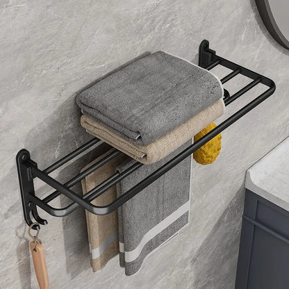 Sleek Matte Black 50CM Wall-Mounted Folding Towel Holder with Hook - Durable Aluminum Design