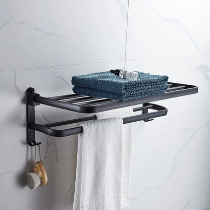 Sleek Matte Black 50CM Wall-Mounted Folding Towel Holder with Hook - Durable Aluminum Design