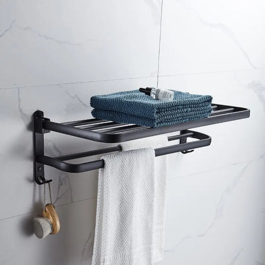 Sleek Matte Black 50CM Wall-Mounted Folding Towel Holder with Hook - Durable Aluminum Design