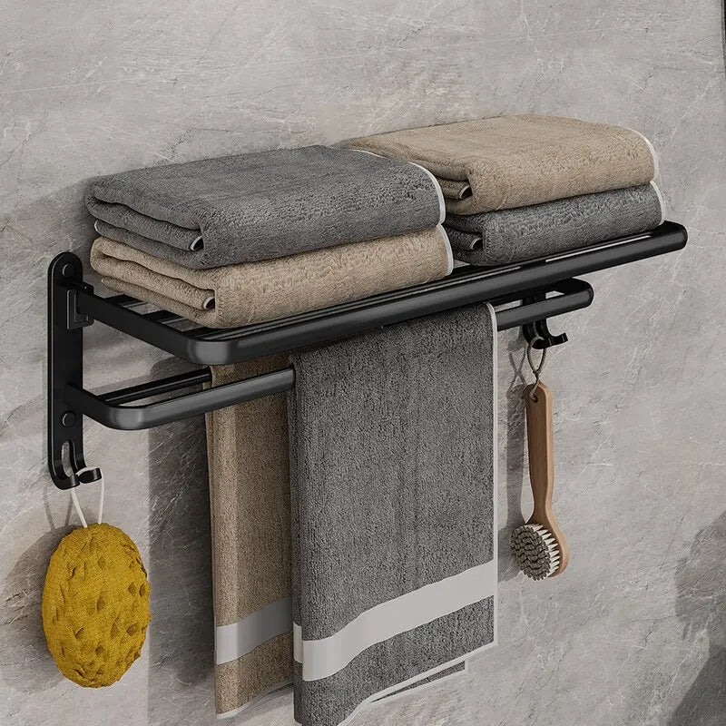 Sleek Matte Black 50CM Wall-Mounted Folding Towel Holder with Hook - Durable Aluminum Design